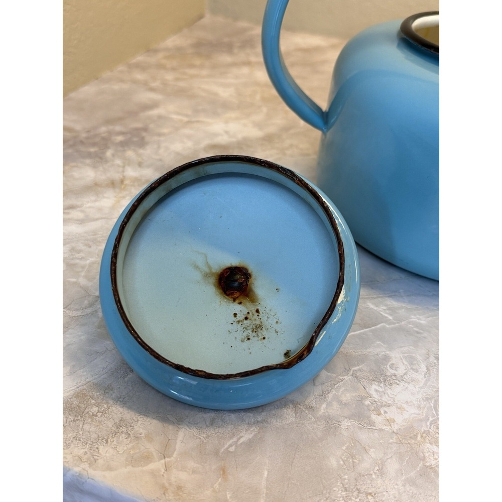 Vintage Blue Enamel Tea Kettle Stovetop Pot Mid Century Farmhouse Decor - Picture 3 of 12